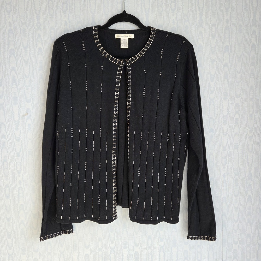 Vtg Claudia D Womens Beaded Sweater L Black‎ Ribbed Layered Retro Elegant Mature